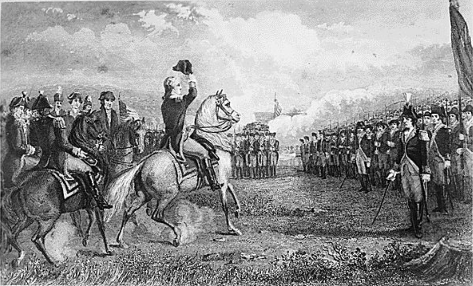 George Washington on horseback takes formal command of the Continental Army beneath a large elm tree in Cambridge, Massachusetts, surrounded by officers and troops.
