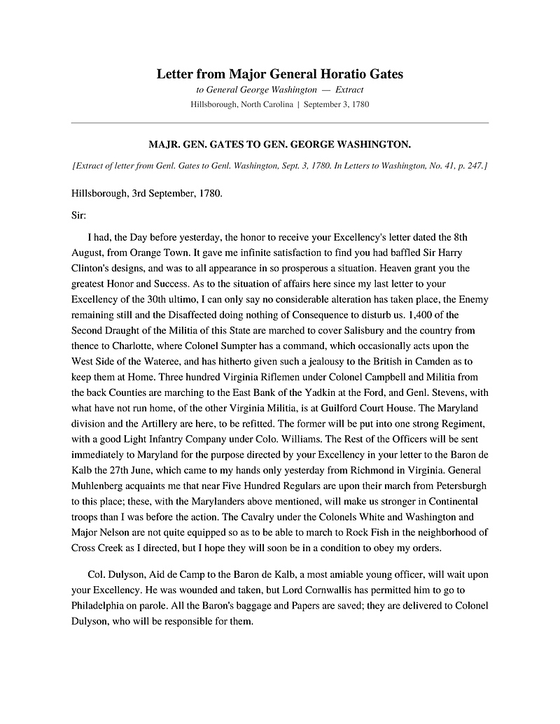 Primary source document for From Saratoga to Camden: What Really Happened to Horatio Gates