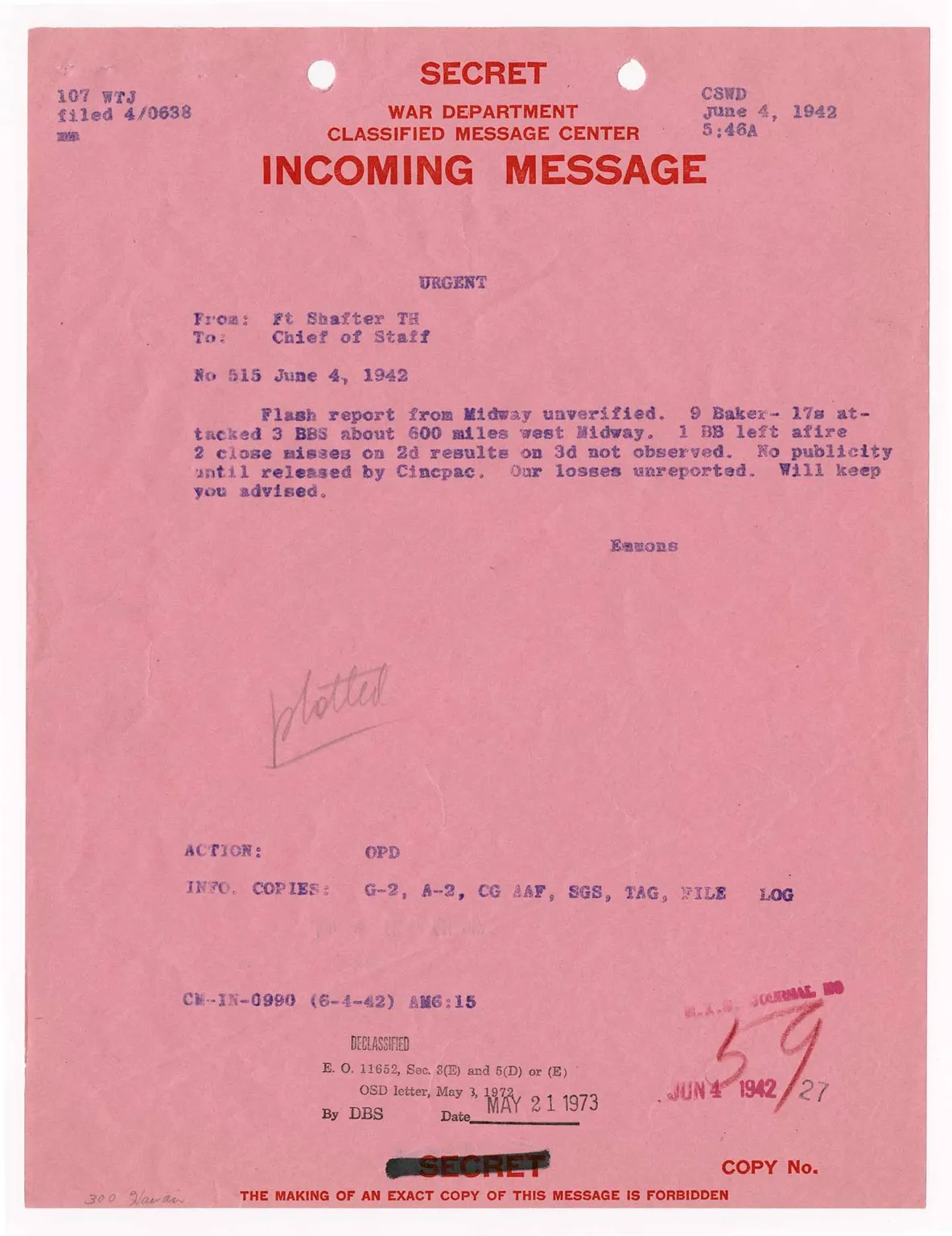 A declassified pink War Department SECRET message dated May 21, 1942 reads that all intelligence agencies are on alert for Japanese attack on Hawaii or Midway anytime after May 24.