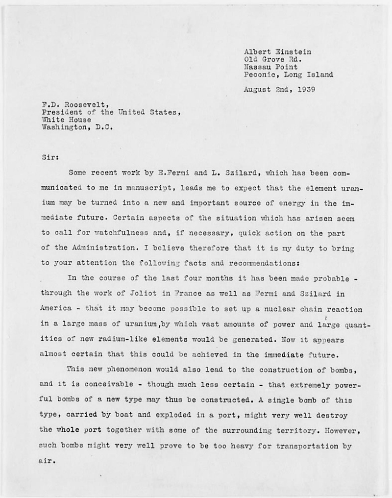 Primary source document for Einstein Signed the Letter That Built the Bomb. He Never Wrote a Word of It.