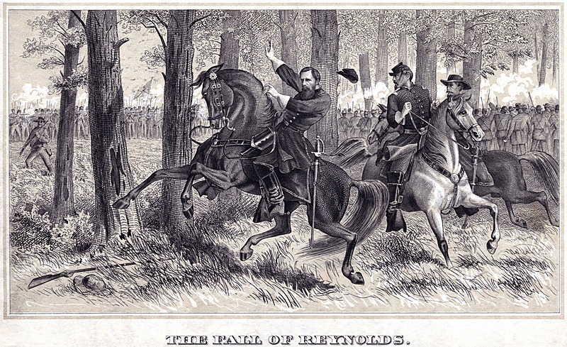 The Fall of Reynolds, a wartime engraving depicting the general struck from his horse near Willoughby Run