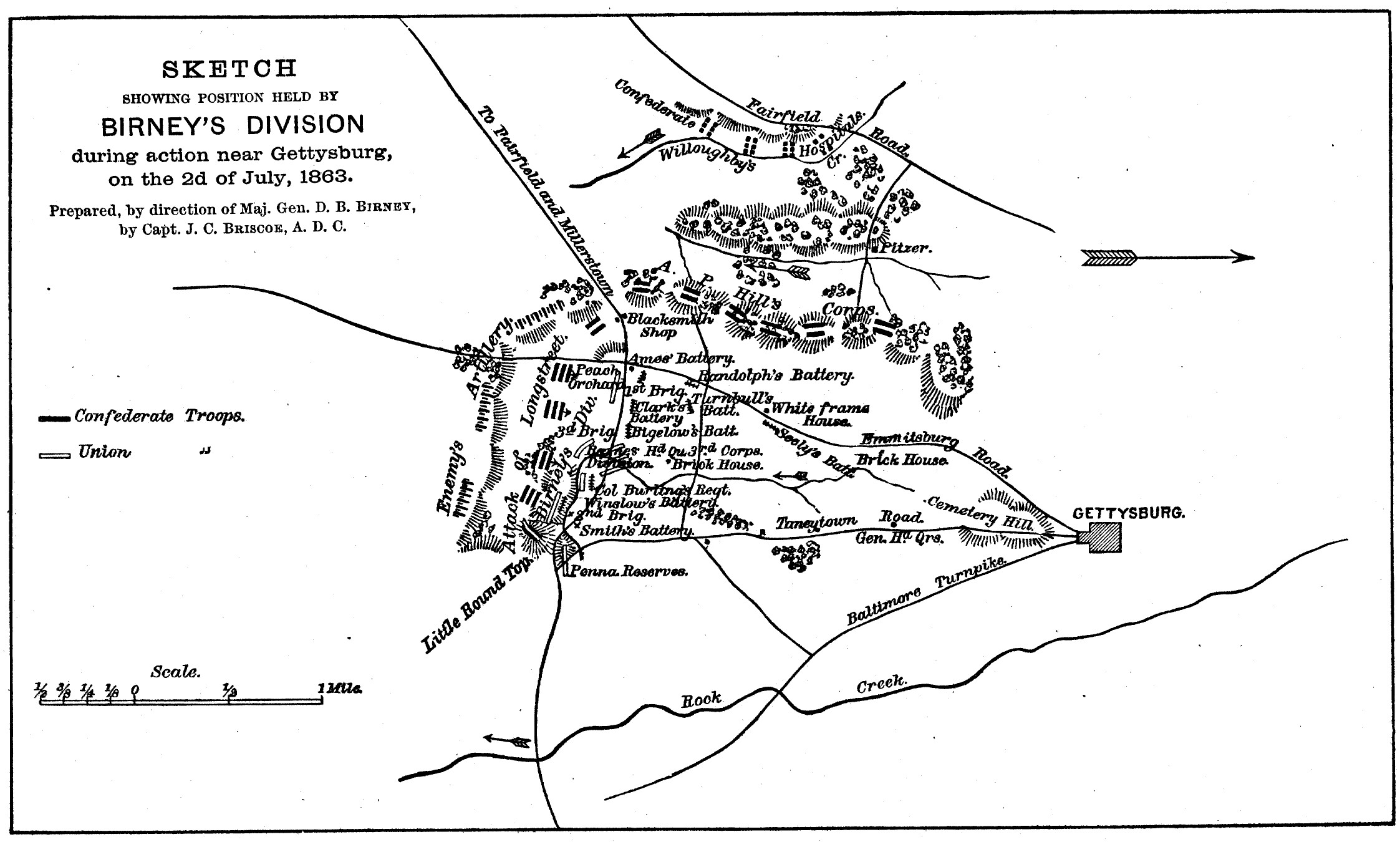 Hand-drawn map of the Third Corps line near Gettysburg, showing the peach orchard, Little Round Top, the Emmitsburg road, and the brigades and batteries marked in place