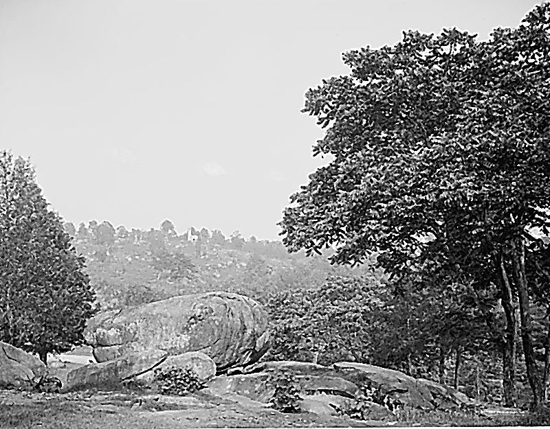 Little Round Top viewed from Devil's Den, the boulder-strewn ground the Third Brigade held