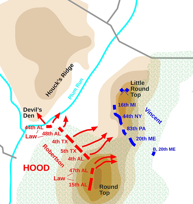 Map of the initial Union and Confederate positions on Little Round Top at the start of Hood's assault, July 2, 1863