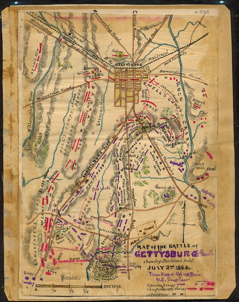 Map of the Battle of Gettysburg, Penna., showing positions held July 2nd, 1863. From map of Col. W.H. Paine, U.S. Engineer. Library of Congress, public domain.