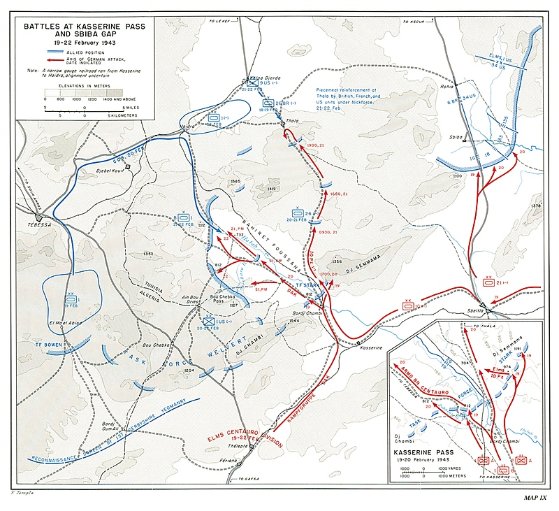 Map of the battles at Kasserine Pass and Sbiba Gap, February 19-22, 1943.