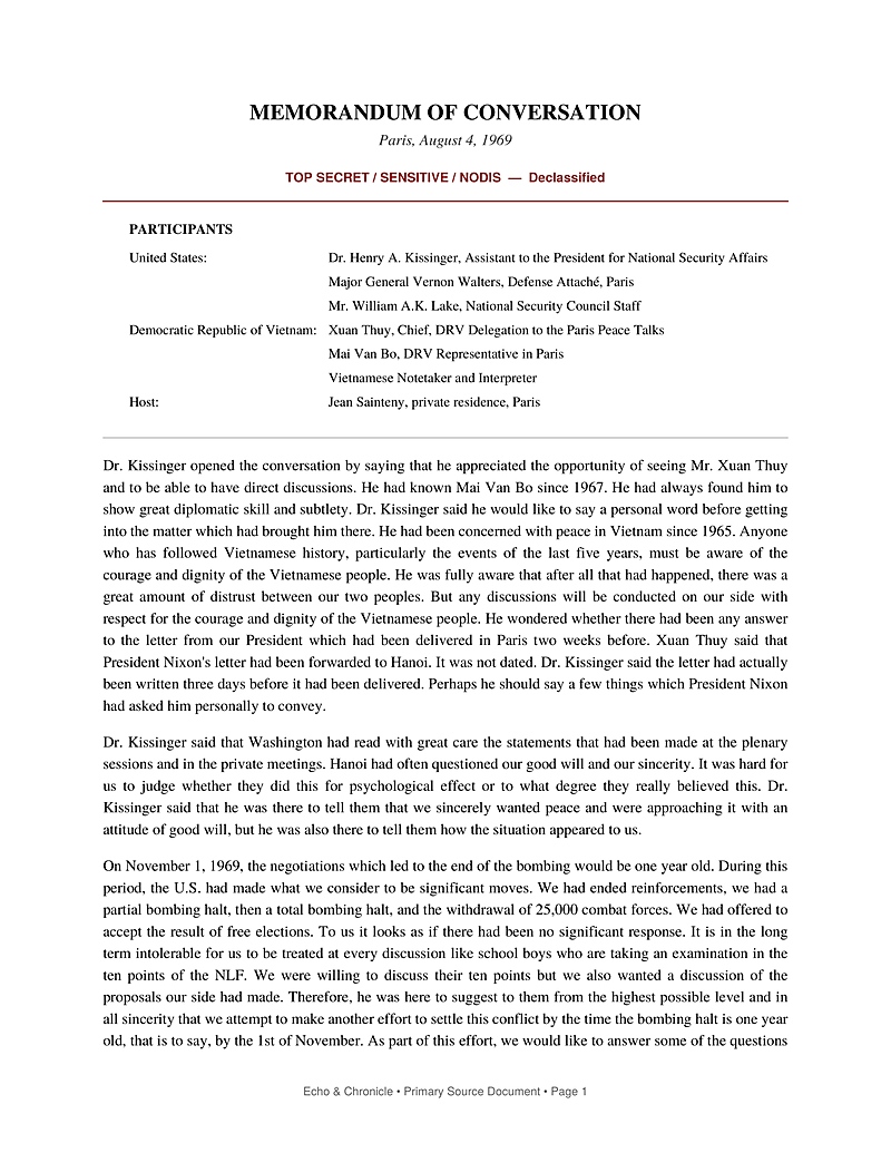 Primary source document for The Secret Paris Meeting Nixon Kept From His Own Secretary of State