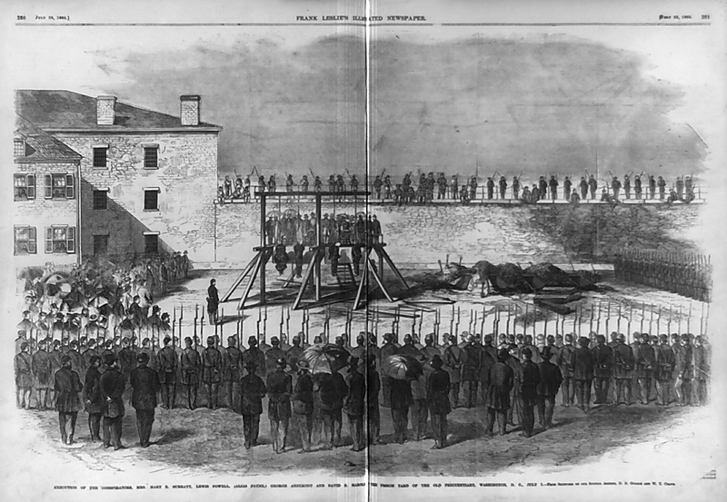 Execution of the conspirators, Mrs. Mary E. Surratt, Lewis Powell, George Atzerodt, and David E. Herold, in the prison yard of the Old Arsenal Penitentiary, Washington, D.C., July 7, 1865