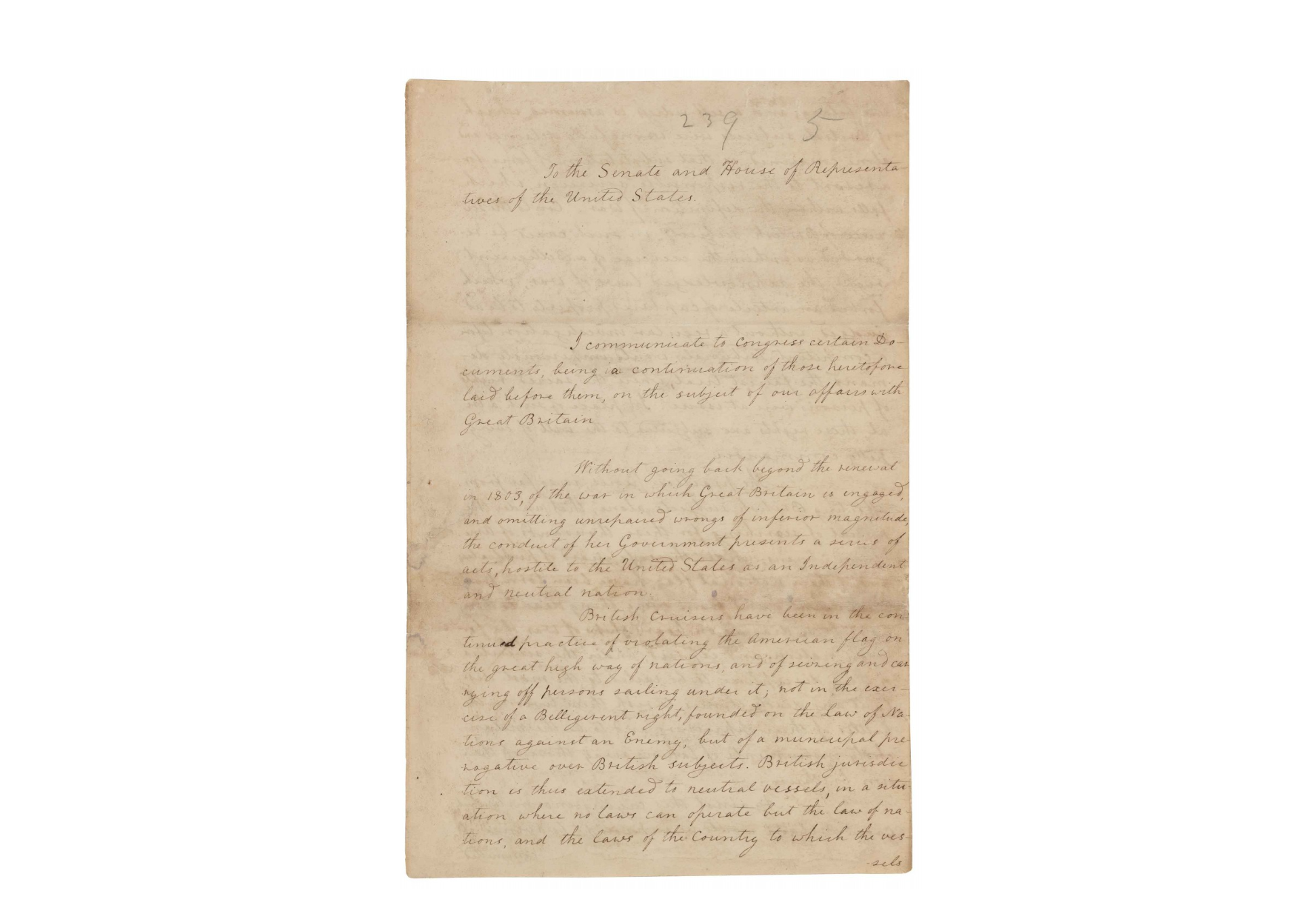 The opening page of Madison's handwritten war message, June 1, 1812