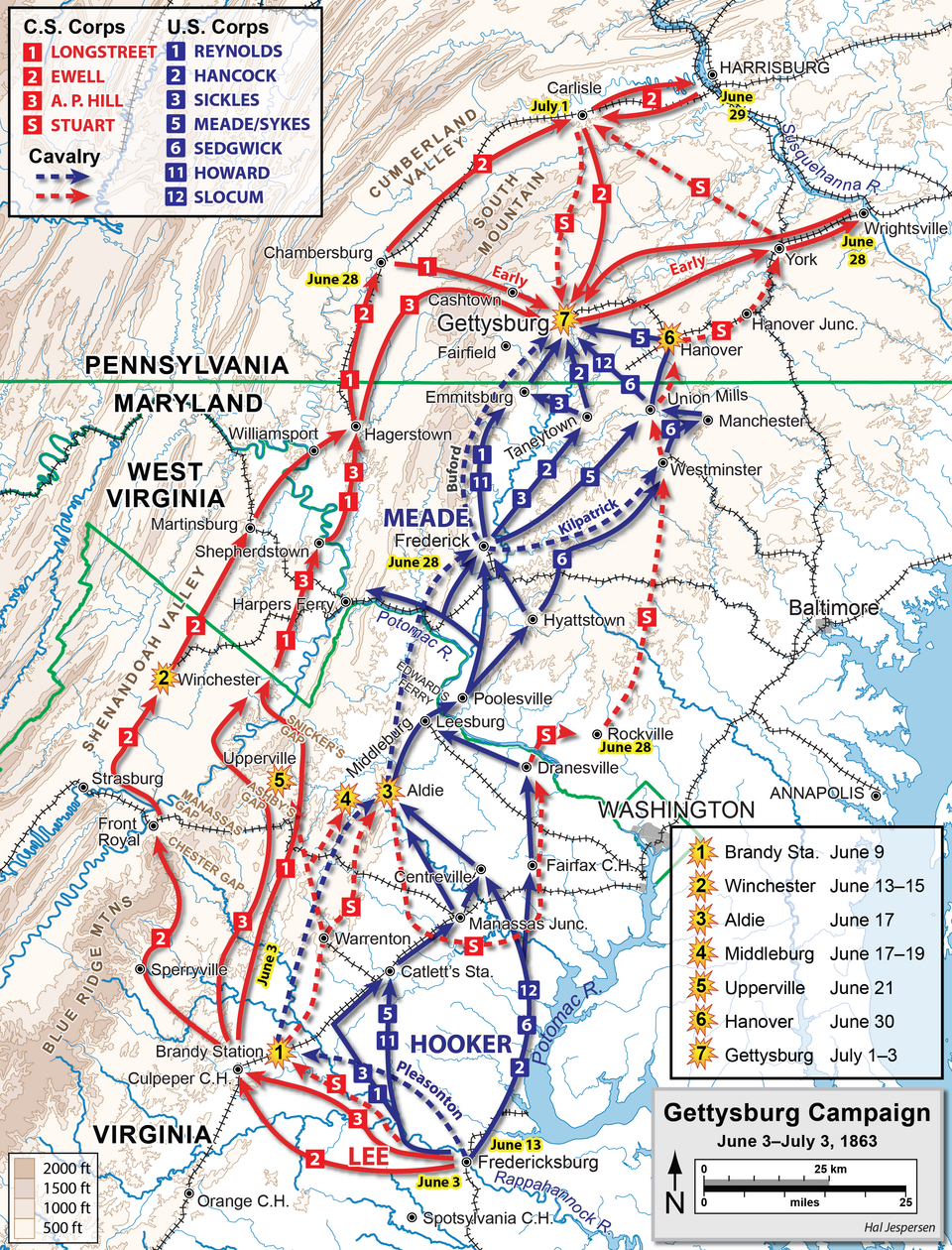 Map of the Gettysburg Campaign, June 3 to July 3, 1863