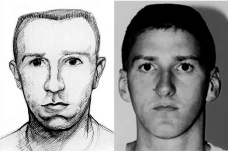 Side-by-side comparison of the FBI composite sketch of UNSUB-1 and McVeigh's actual FBI booking photograph