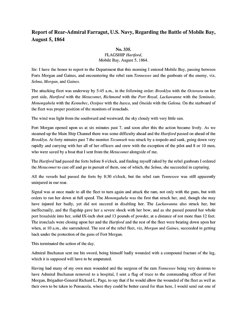 Primary source document for Everyone Quotes Farragut Wrong, and Almost Nobody Mentions Who Actually Won Him the Battle