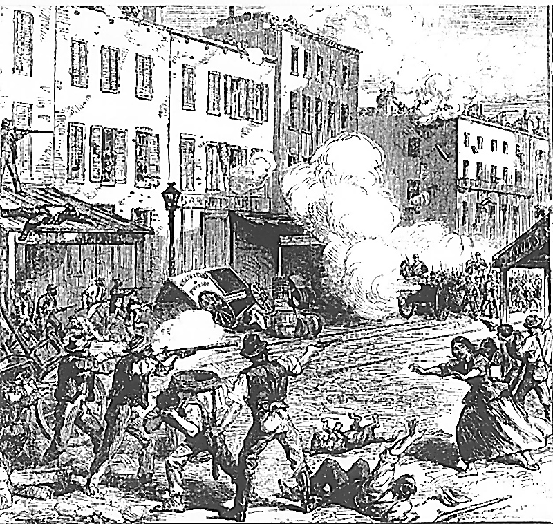 Armed rioters and residents exchange gunfire behind a street barricade during the New York City draft riots