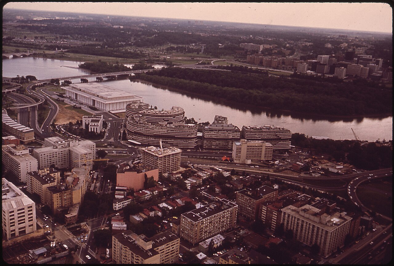 Watergate office building, aerial view with trial exhibit tag visible