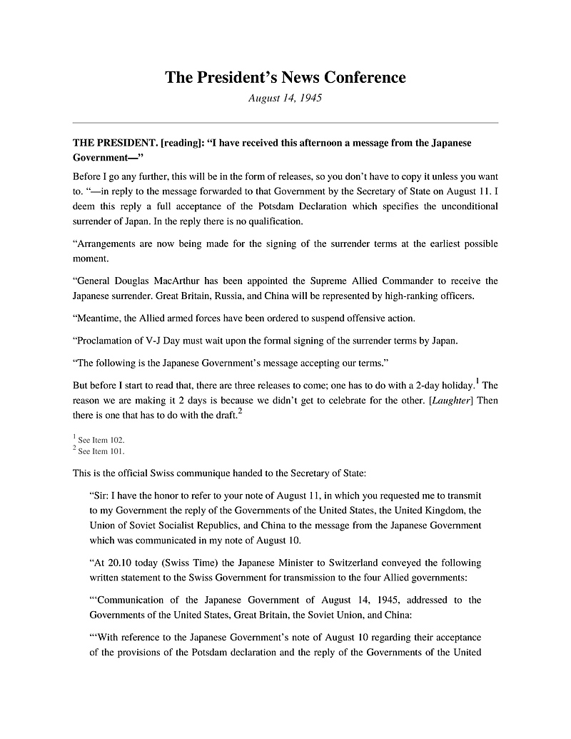 Primary source document for The Announcement That Ended a War Took Less Than Three Minutes
