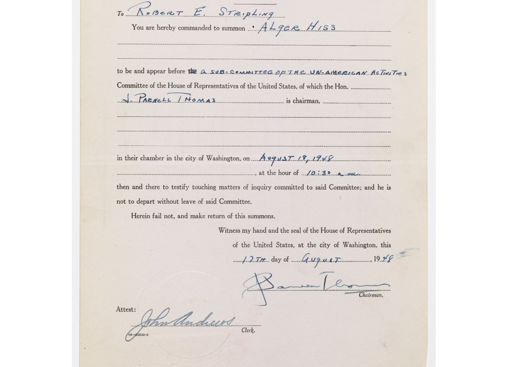 Hiss HUAC subpoena, August 1948